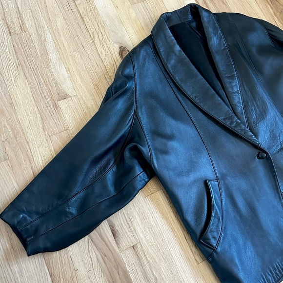 VINTAGE LEATHER BLAZER oversized jacket 100% sheepskin leather black O/S - Picture 4 of 13